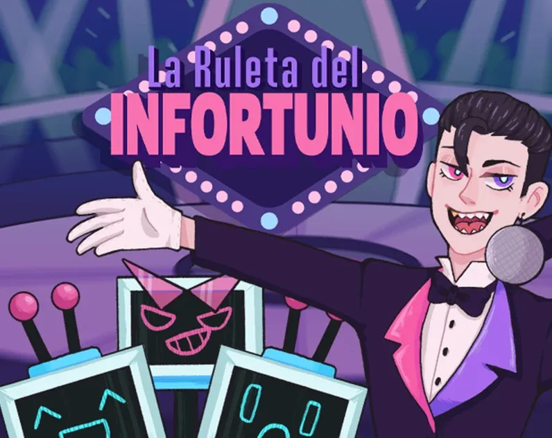 La Ruleta del Infortunio: a grinning showman in a tuxedo presents the glowing game-show sign next to three robot contestants